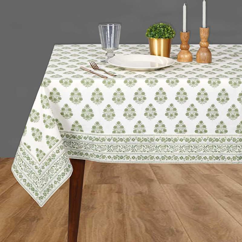 Green Flower Block Print Tablecloth, 60x84 | At Home