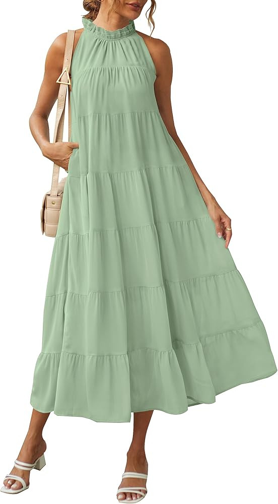 HAEOF Women's 2024 Summer Casual Halter Maxi Dress Tiered Flowy Long Sundress Sleeveless Boho Bea... | Amazon (US)