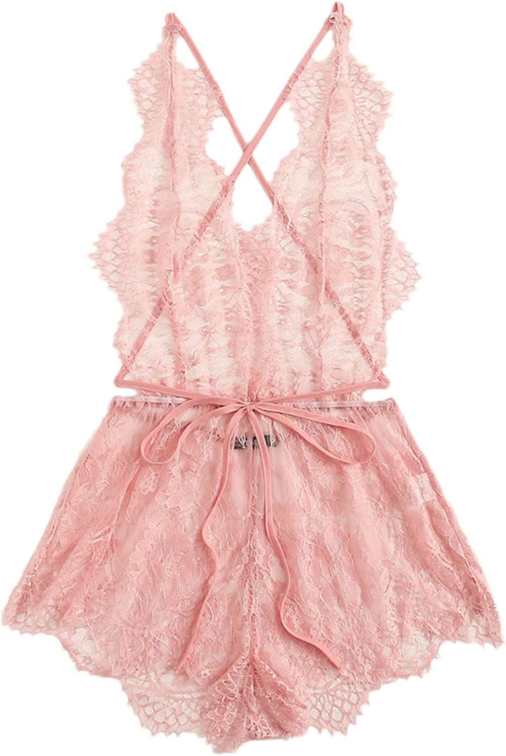 MakeMeChic Women's Lace Teddy Lingerie Deep V Backless Sleeveless Romper Sleepwear | Amazon (US)