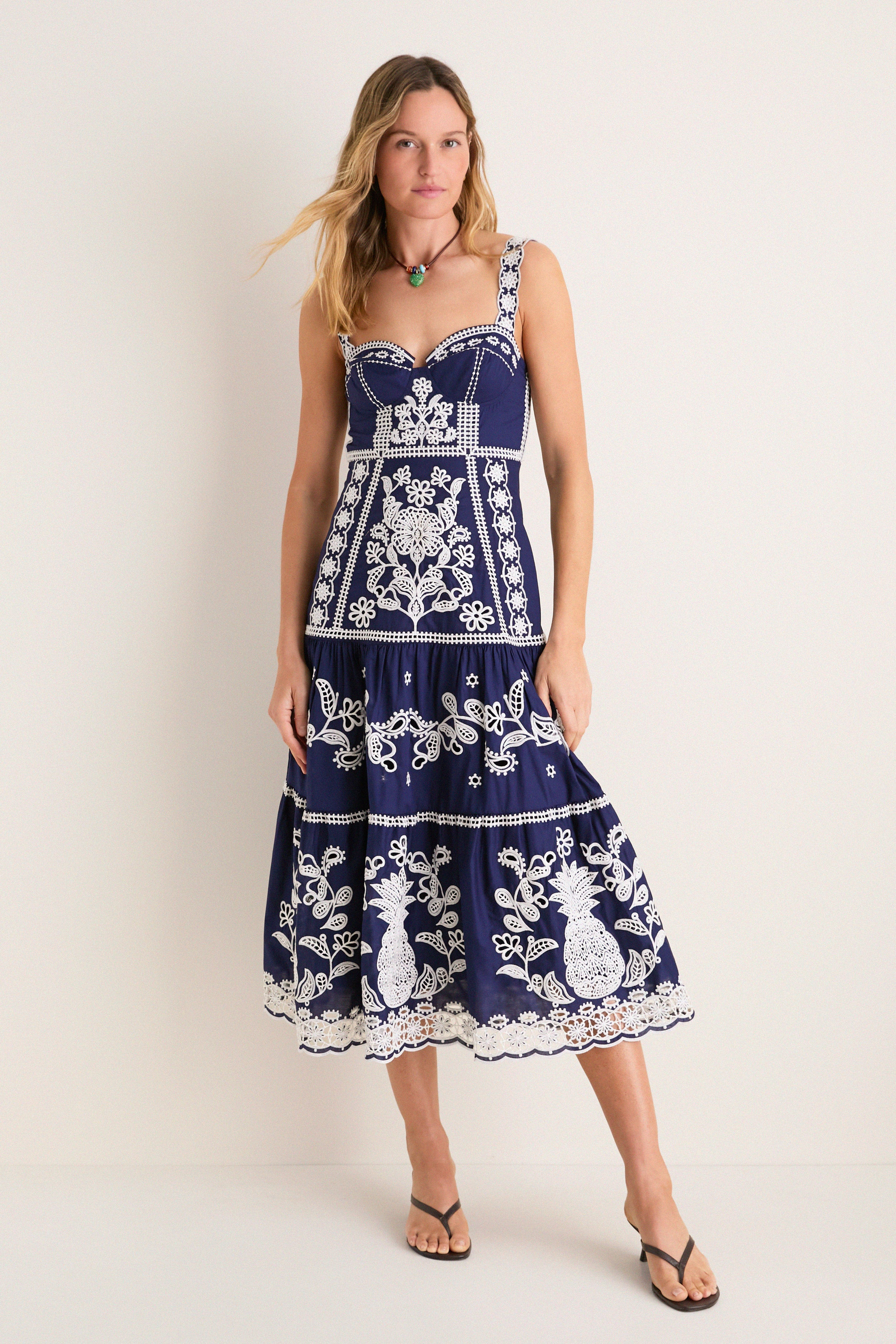 Blue and White Richilieu Midi Dress | Tuckernuck (US)