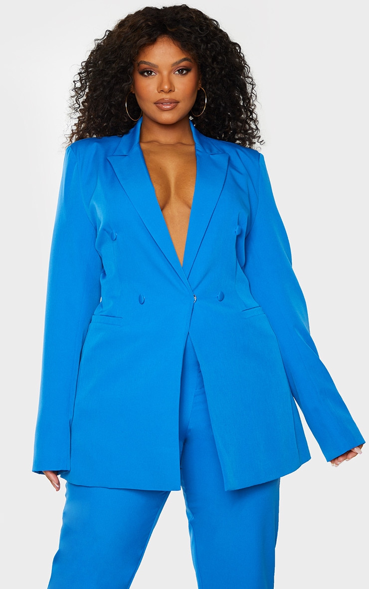 PLT Plus - Blazer croisé tissé bleu | PrettyLittleThing (FR)