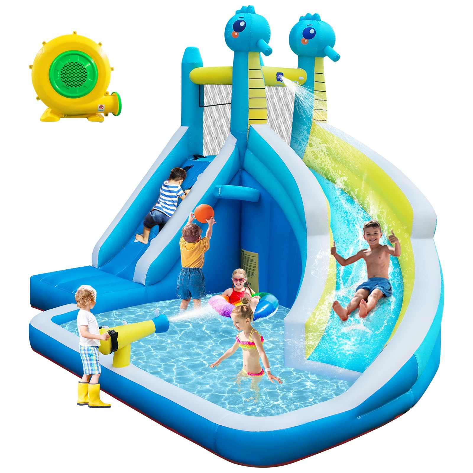 Seahorse Inflatable Water Slide for Kids Backyard | 5-in-1 Blow Up Splash Park with Climbing Wall... | Amazon (US)