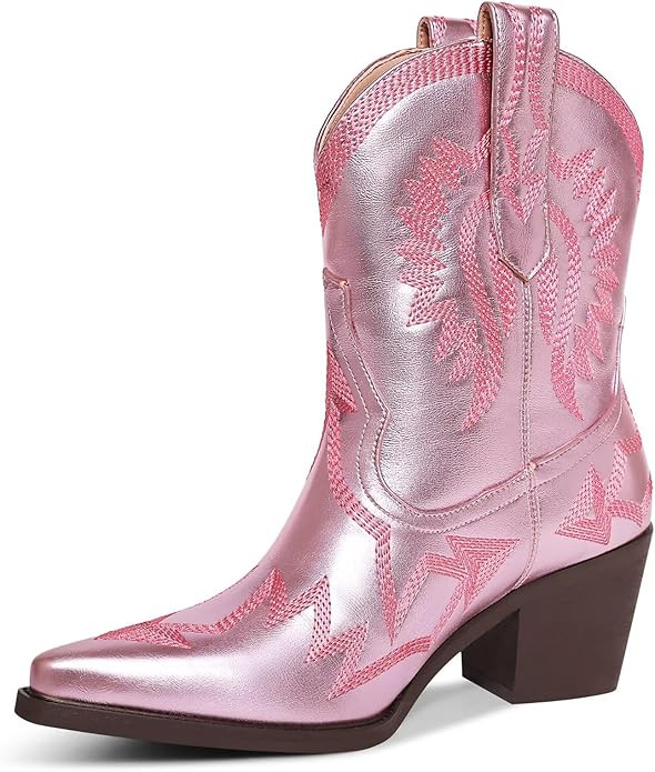 Western Boots for Women Metallic Embroidered Pointed Toe Cowgirl Boots Chunky Heel Pull-On Short ... | Amazon (US)