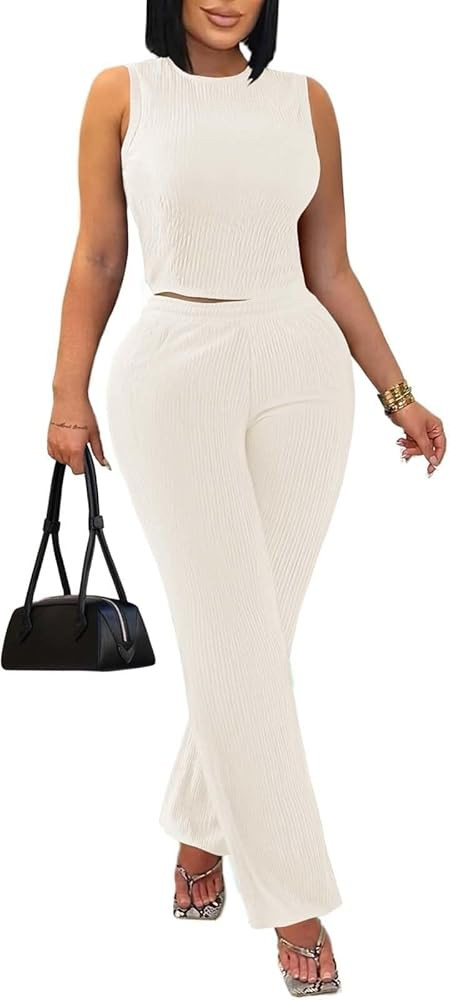 acelyn Women Casual 2 Piece Outfit Summer Textured Sleeveless Crop Top Flare Pants Bodycon Lounge... | Amazon (US)
