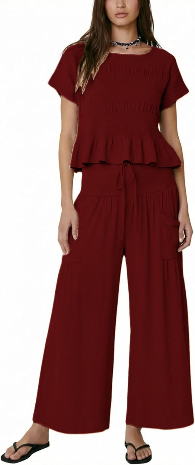 Womens 2 Piece Smocked Lounge Set with Pockets Boho Outfit | Amazon (US)