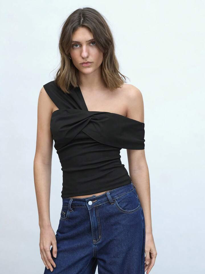 Maija Women's Elegant Simple Bow-Knot Asymmetrical One Shoulder Summer Top | SHEIN