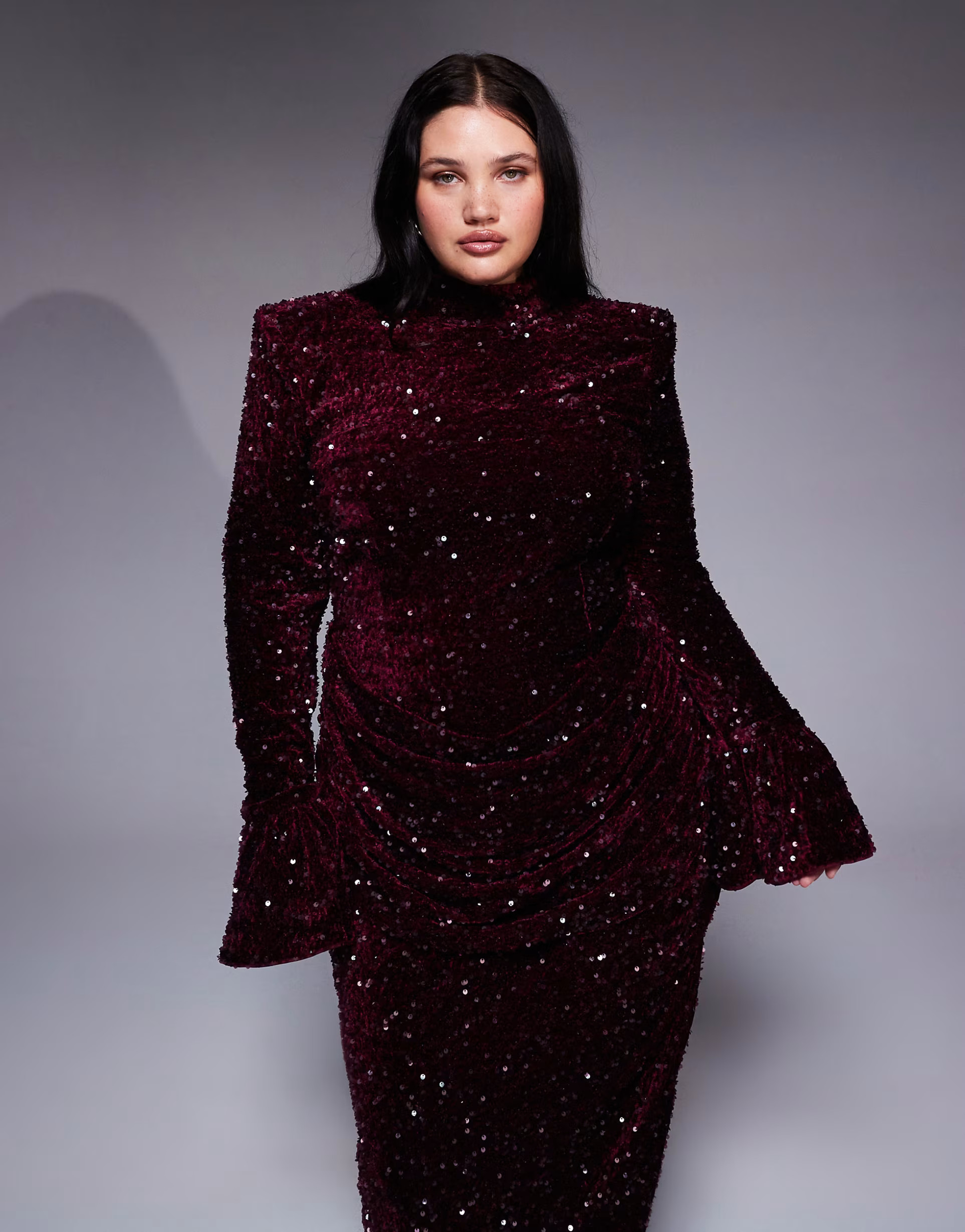 ASOS LUXE Curve velvet sequin maxi dress with drape waist in burgundy | ASOS (Global)