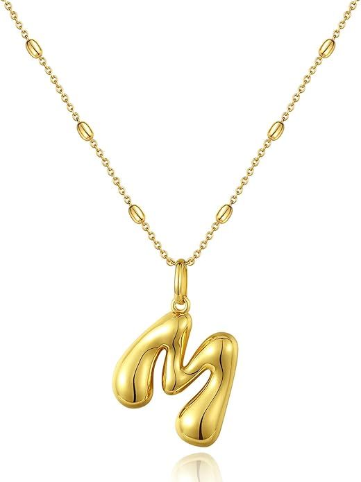 KissYan Bubble Letter Necklace,14K Gold Plated Balloon Initial Pendant with Bead Chain Dainty Jew... | Amazon (US)