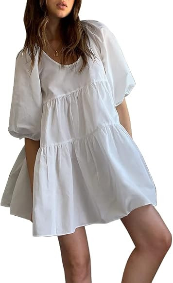 ZANZEA Women Puff Sleeve Mini Dress Square Neck Off Shoulder Summer Ruffle Hem Tunic Dress | Amazon (UK)