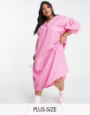 Native Youth Plus collar smock dress in neon pink stripe | ASOS (Global)