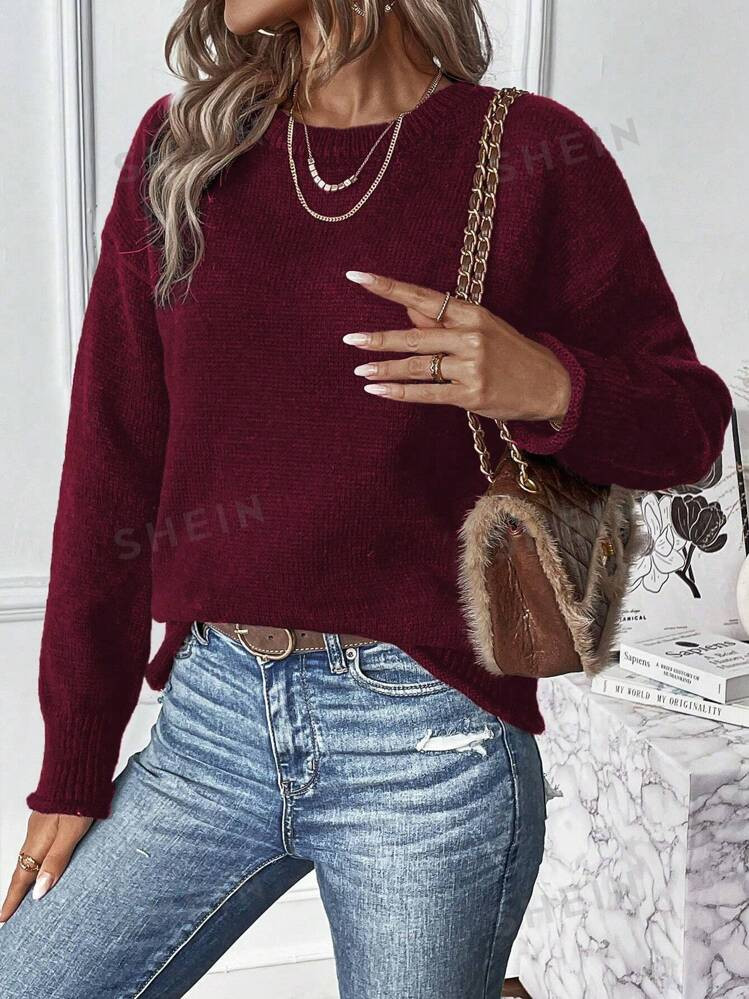 SHEIN LUNE Women's Solid Color Drop Shoulder Sweater,Ladies Late Fall Casual Long Sleeve Regular ... | SHEIN