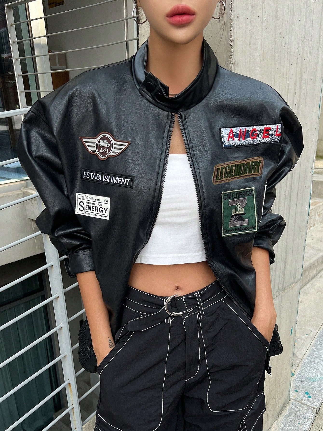 DAZY Letter Patched Zip Up PU Bomber Jacket | SHEIN