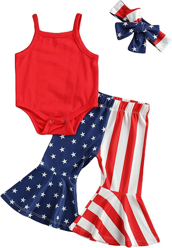 Infant Baby Girl 1st 4th of July Outfit Romper Shirt Tops Pants Set USA Independence Day American Fl | Amazon (US)