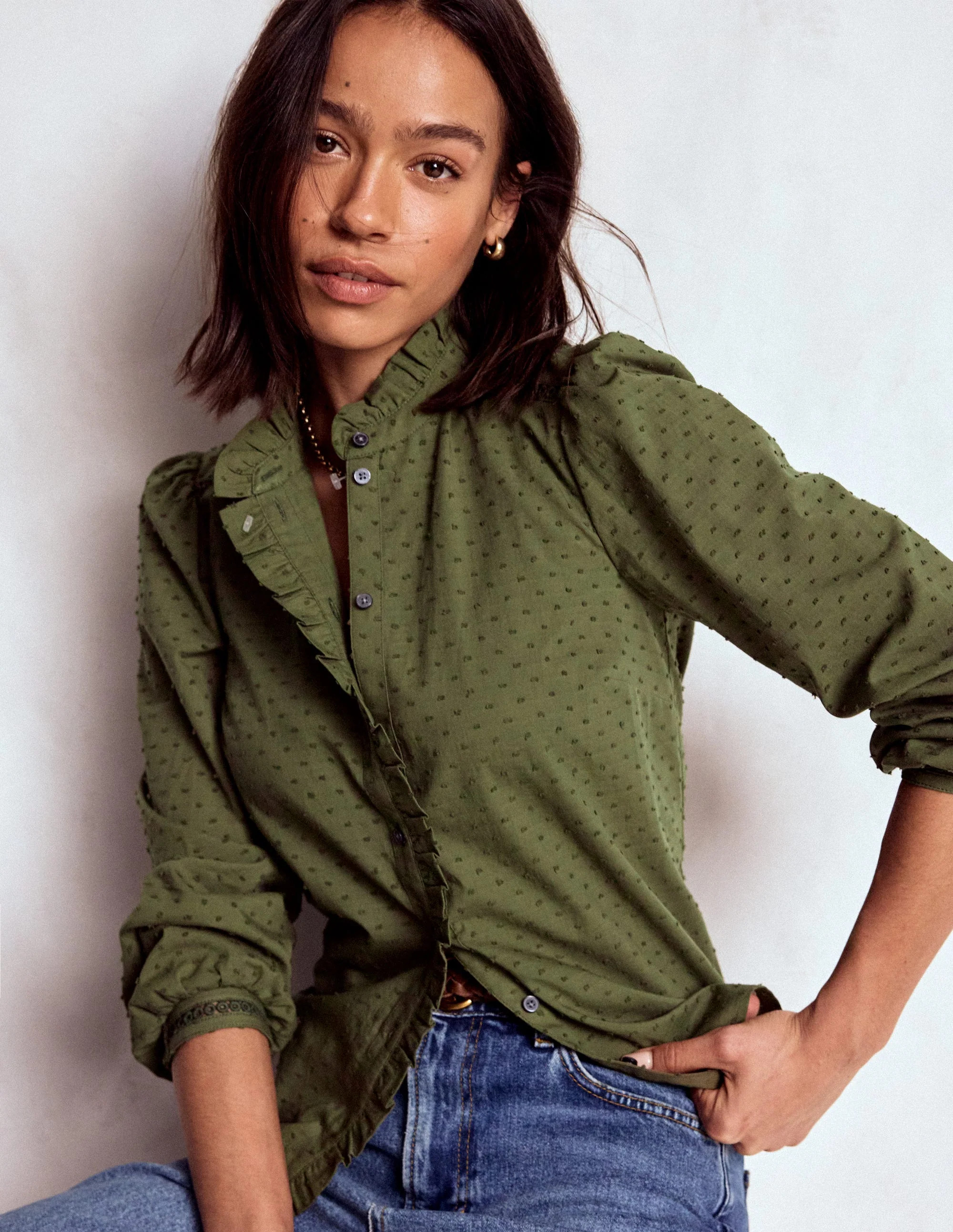 Helena Cotton Dobby Top-Woodland Green | Boden UK