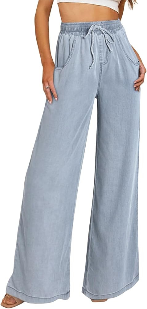 Sidefeel Women's High Waisted Wide Leg Jeans 2024 Summer Drawstring Denim Pants | Amazon (US)
