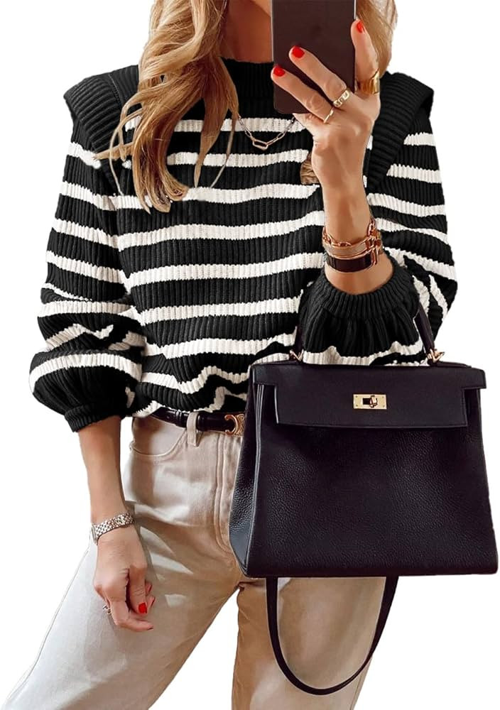 PRETTYGARDEN Women's Sweaters Casual Winter Long Lantern Sleeve Crewneck Ribbed Knit Pullover Str... | Amazon (US)