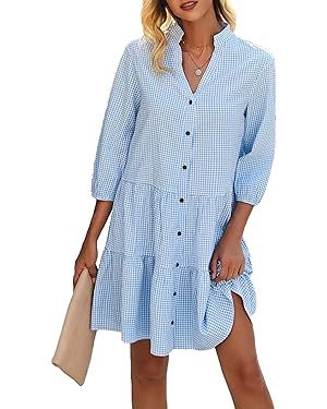 Women's Plaid Print Shirt Dresses Button Up Split Neck Tunic Dress | Amazon (US)