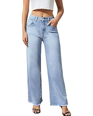 Women's Wide Leg Jeans High Waisted Strechy Jeans for Women Straight Raw Hem Loose Casual Denim | Amazon (US)