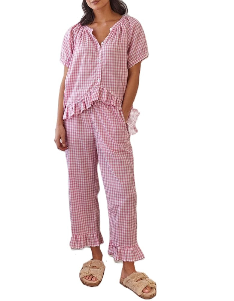 Argeousgor Women Plaid 2 Piece Pajama Set Button Down Puff Sleeve Babydoll Shirt Gingham Pants Pj... | Amazon (US)