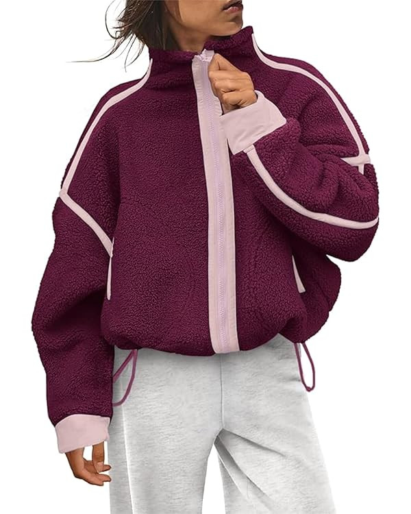 Womens Fuzzy Sherpa Fleece Jacket Full Zip Long Sleeve Oversized Coat with Pockets | Amazon (US)