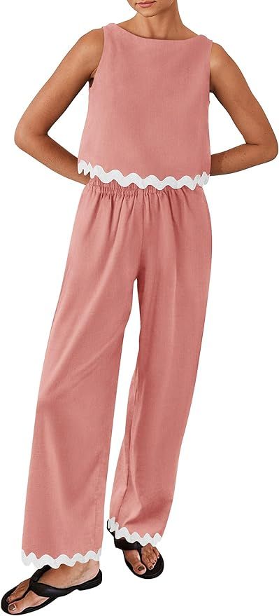 PRETTYGARDEN Women's Summer Casual 2 Piece Outfits Sleeveless Tank Crop Top Wide Leg Pants Sets T... | Amazon (US)