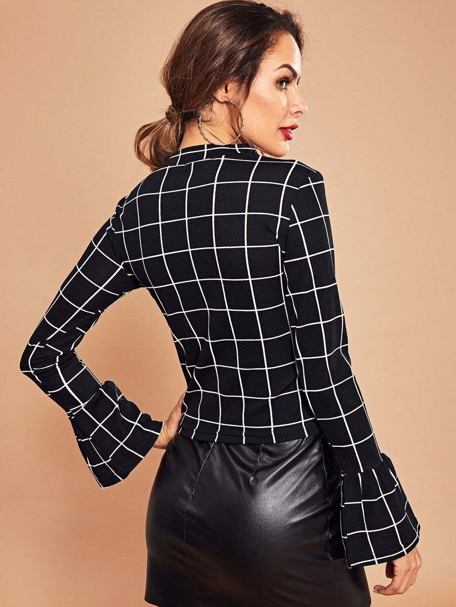 Bell Sleeve Grid Top | SHEIN