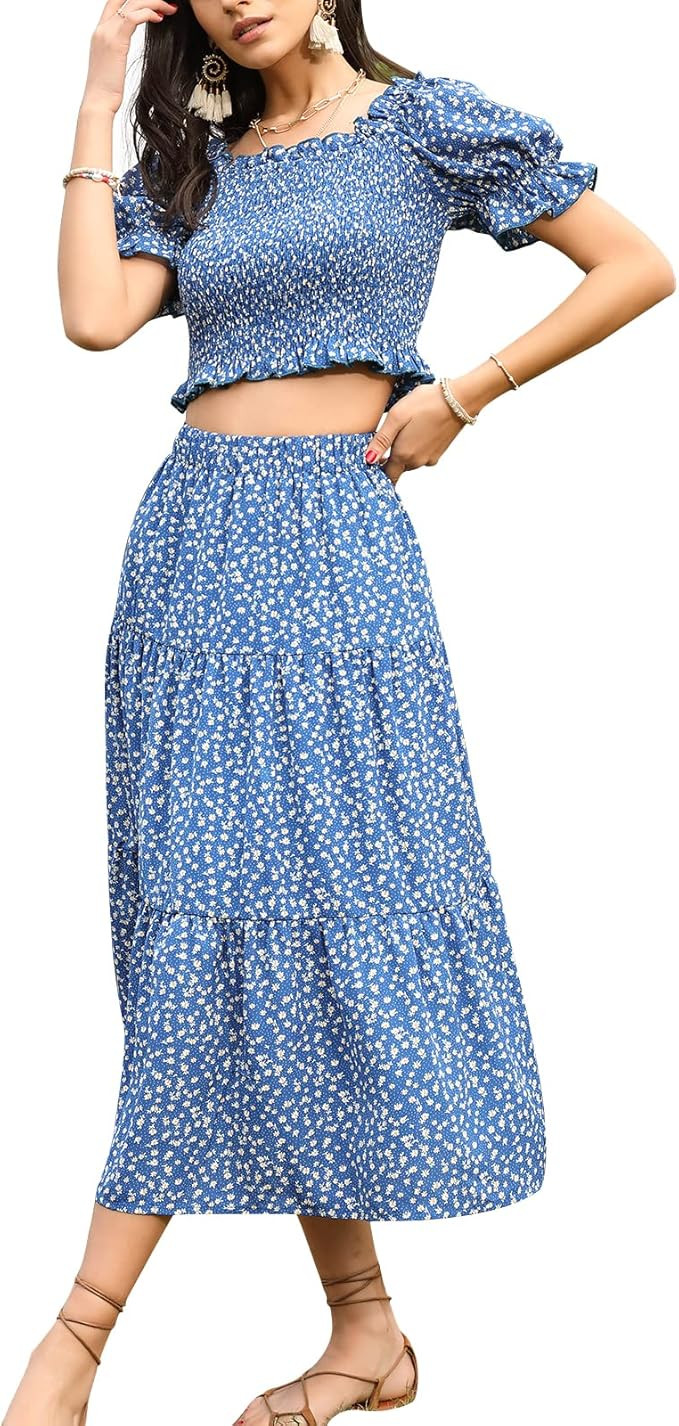 EXLURA Women’s Two Piece Outfit Off Shoulder Ruffle Crop Top Square Neck Floral Short Puff Slee... | Amazon (US)