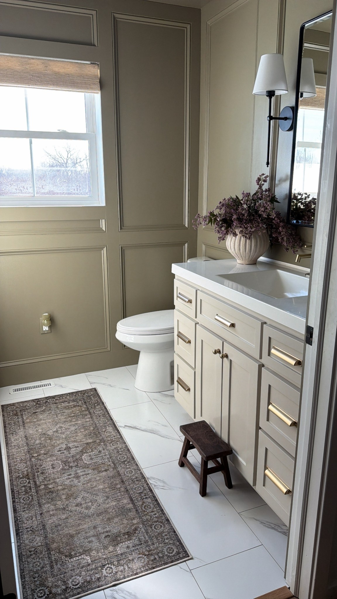 Bathroom renovation 

Paneling: 
1x4 top, vertical, & middle board
1x6 bottom board

Paint:
Walls- Benjamin Moore tavern gray
Cabinets- Benjamin Moore revere pewterr