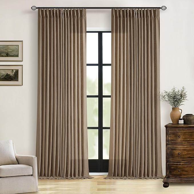 Brown Pleated Linen Curtains 96 Inches Long Living Room 2 Panel Set Semi Sheer Light Filtering Pi... | Amazon (US)