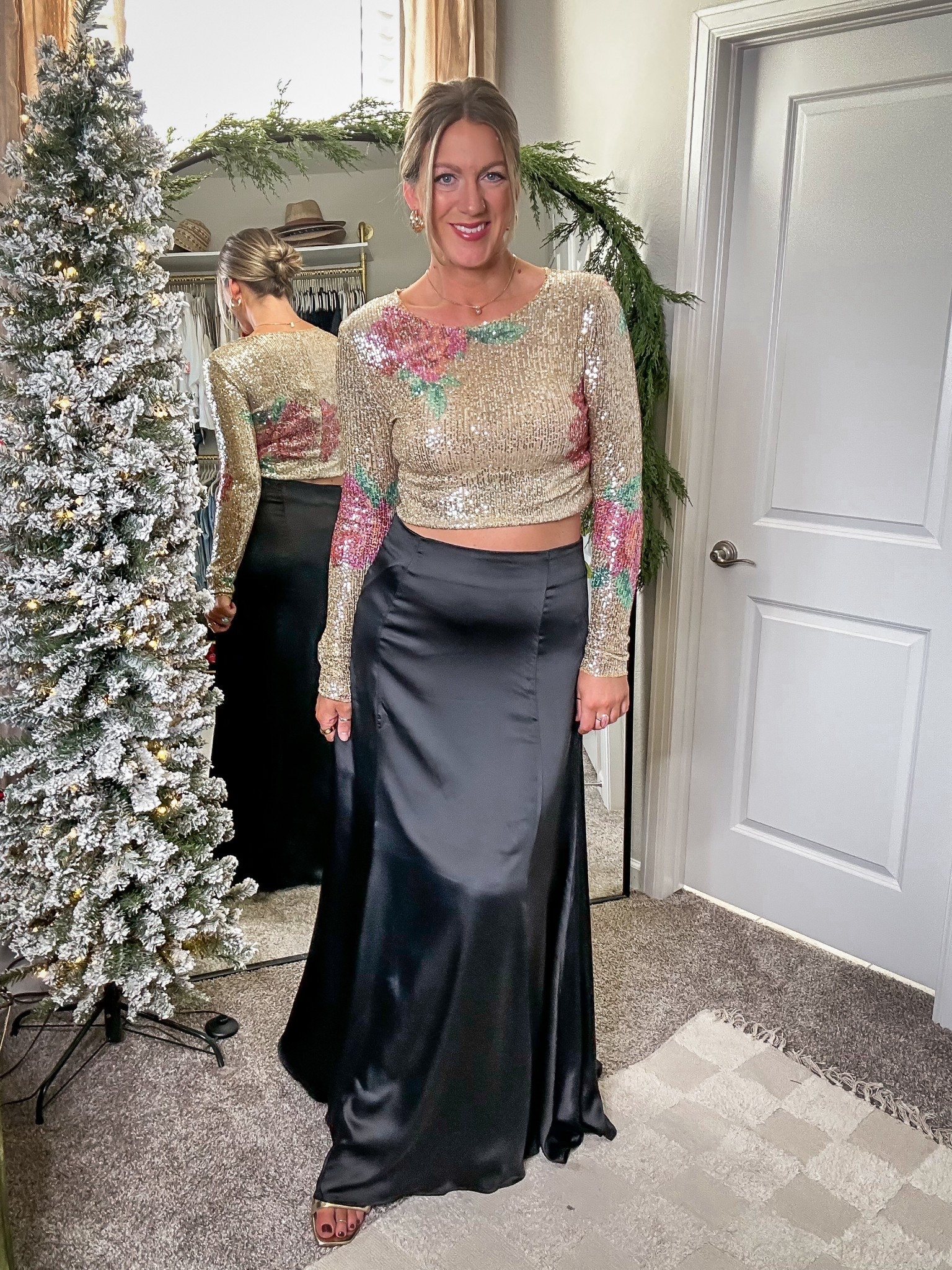 Semi formal holiday party outfit!
Large top, skirt is NOT saved here, but is saved in my IG/TT bio via linktree (in a medium) 11 sandals 

#LTKOver40 #LTKHoliday #LTKTall