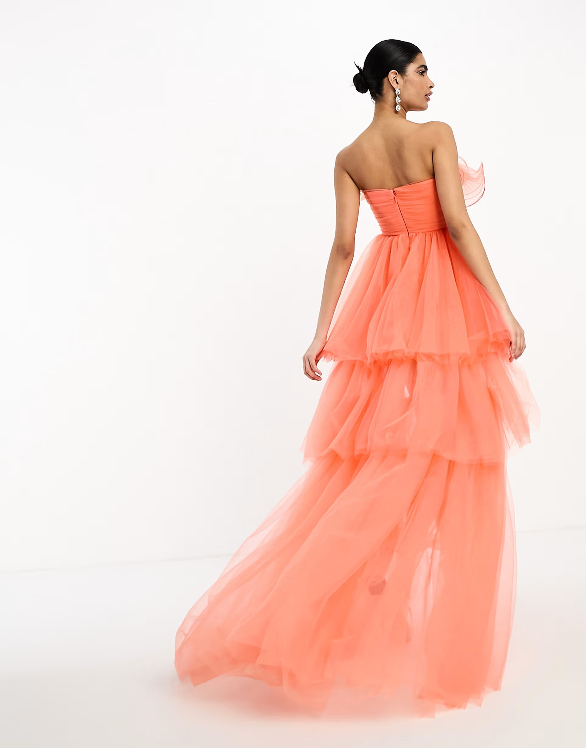 ASOS DESIGN bandeau corset mesh tiered maxi dress in coral | ASOS (Global)