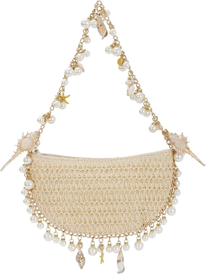 Fecialy Pearl Straw Clutch Purse for Women Woven Summer Beach Shoulder Bag Beaded Evening Bag | Amazon (US)