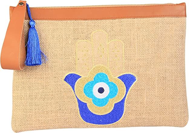 Evil Eye Embroidery Jute Clutch Bag Hamsa Hand Beach Summer Style | Amazon (US)