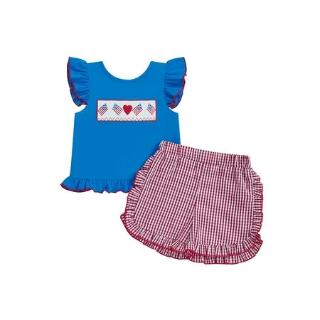 BemeyourBBs Toddler Baby Girl 4th of July Outfit Patriot Fourth of July Summer Independence Day Clothes American Flag Heart Embroidered Backless Flying Sleeve T shirt Tops Plaid Ruffle Shorts Set | Walmart (US)