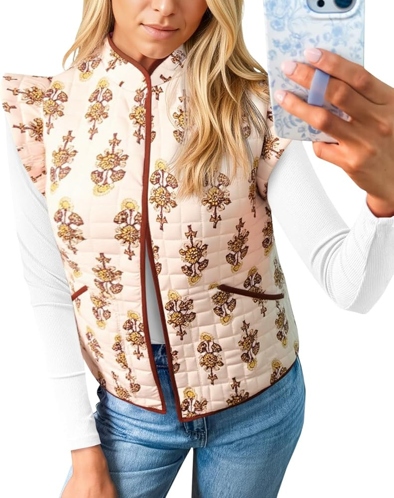 Tankaneo Womens Puffer Vest Ruffle Sleeveless Floral Printed Cropped Quilted Vest Lightweight Pad... | Amazon (US)