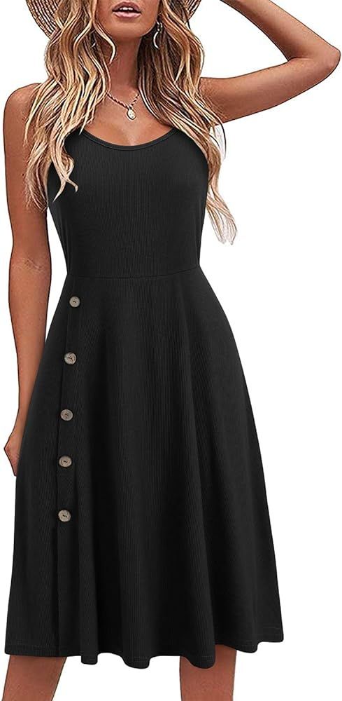 LAISHEN Women's Summer Spaghetti Strap Button Ribbed Split Sundress Casual Midi Dress | Amazon (US)