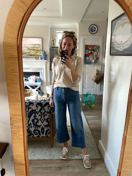 Wide leg jeans and collared sweater are tts. Shoes are old from Tretorn, linking similar pair and code STRIPESANDWHIMSY10 for 10% off birdies shoes