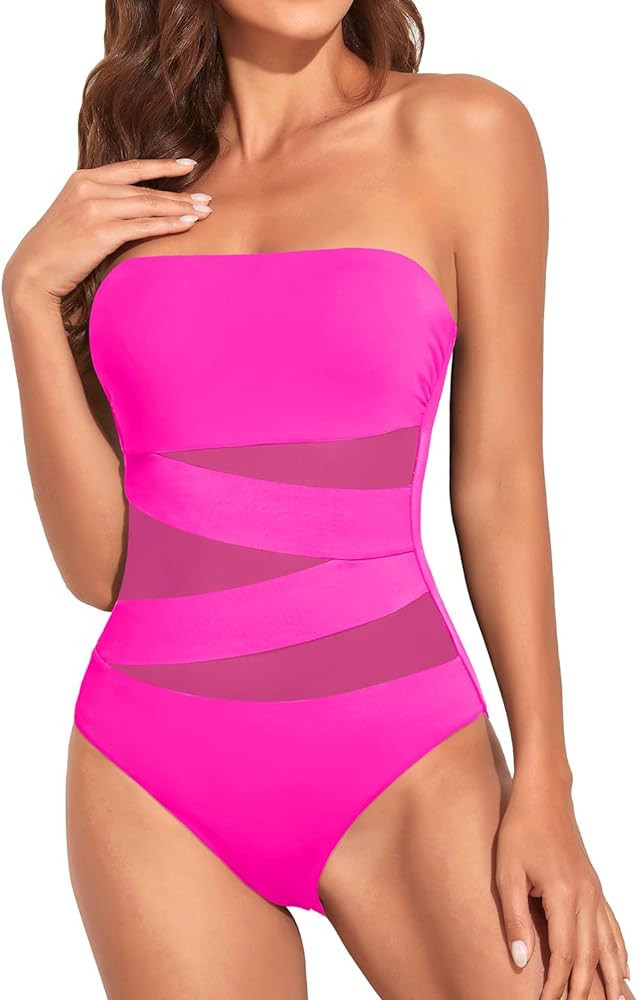 Holipick Women Strapless Bandeau One Piece Swimsuits Sexy Mesh Cutout Bathing Suits Tummy Control... | Amazon (US)