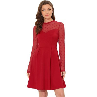 INSPIRE CHIC Women's Mesh See-Through Heart Sheer Sleeve Skater Party Dress Red Medium | Target