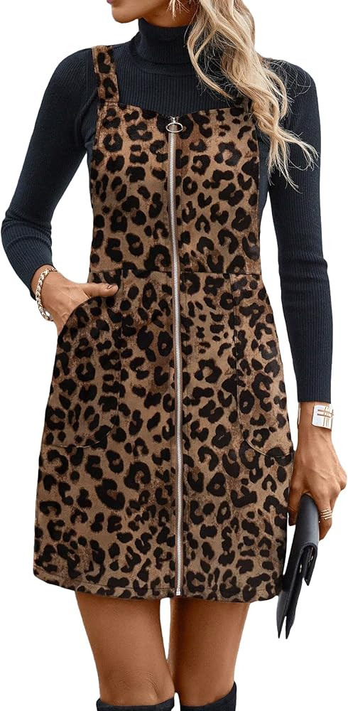 Floerns Women's Casual Tartan Print Zip Up Sleeveless Pinafore Overall Dress | Amazon (US)