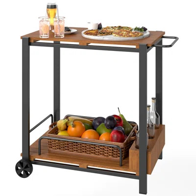 Acacia Wood Outdoor Bar Cart, Rolling 2-Tier Outdoor Serving Cart with 3 Bottle Holders and 2 Wheels for Kitchen, Patio, Garden, Balcony, Teak | Wayfair North America