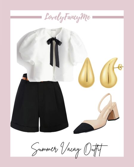 Summer vacation old money aesthetic outfit idea: preppy puff sleeve bow blouse, black trouser shorts, nude sandal block heels, Bottega Veneta dupe earrings. Would also be so cute as a spring workwear outfit or summer work wear look. Xoxo, Lauren 

Italy, European vacation, ballet flats, old money outfits, leather purse, wedding guest dress, lemon print dress, greece, florence, naples, rome, milan, france, verona, venice, disney day, disney theme park outfit, taylor swift outfit, concert outfit, music festival, country concert, Vacation outfits, festival, spring break, swimsuits, leather handbags, travel outfit, Spring style inspo, spring outfits, summer style inspo, summer outfits, espadrilles, spring dresses, white dresses, amazon fashion finds, macys finds, active wear, loungewear, sneakers, matching set, sandals, heels, fit, travel outfit, airport outfit, travel looks, spring travel, gym outfit, flared leggings, college girl outfits, vacation, preppy, disney outfits, disney parks, casual fashion, outfit guide, spring finds, swimsuits, amazon swim, flowy skirt, spring skirt, block heels, swimwear, bikinis, one piece for swimsuits, two piece, coverups, summer dress, beach vacation, honeymoon, date night outfit, date night looks, date outfit, dinner date, brunch outfit, brunch date, coffee date, errand run, tropical, beach wear, resort wear, cruise outfits, #ootdguides #LTKSummer #LTKSpring  
