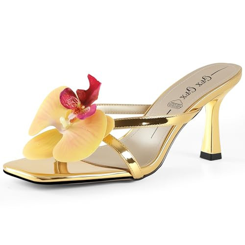 GPXGPX Foral Heels Flip Flops Flower Kitten Gold Heels for Women Summer Heeled Sandals Stiletto Slides for Prom Party Wedding Bridal Shoes Dressy-Slip on, Open Toe | Amazon (US)