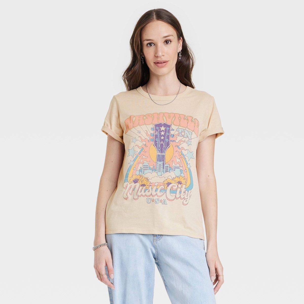 Women's Music City Short Sleeve Graphic T-Shirt - Beige | Target