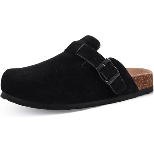 KIDMI Unisex Vegan Suede Clogs Leather Mules Womens Mens Cork Footbed Potato Shoes with Arch Support, Vegan Suede Black, Size 7.5-8 | Amazon (US)