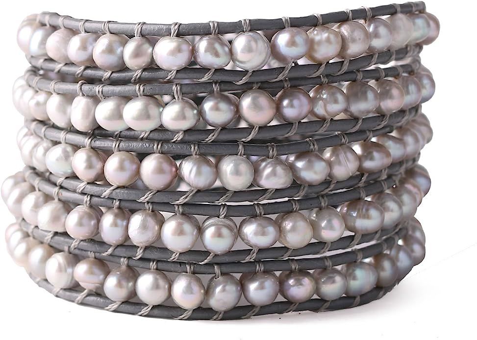 KELITCH Natural Gray Pearl Beaded 5 Wrap Bracelet Handmade Fashion Women Jewelry | Amazon (US)