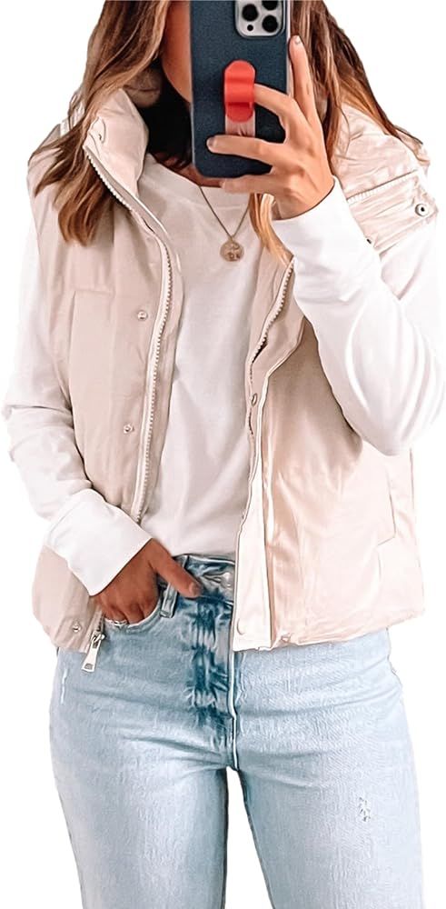 Mingzhu Faux Leather Puffer Vest for Women Sleeveless Winter Padded Jacket Vest Gilet | Amazon (US)