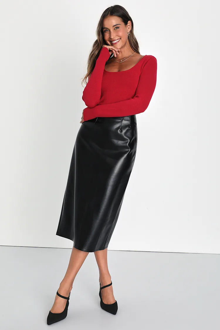 Bold Sophistication Black Vegan Leather High-Rise Midi Skirt | Lulus (US)