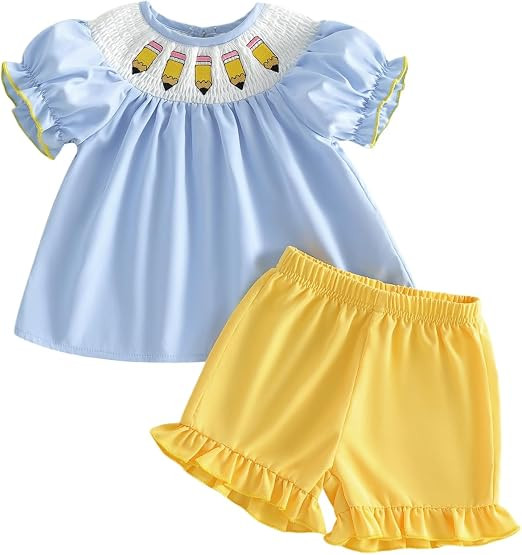Baby Girl Back to School Outfit Apple Smocked Tops Shorts Set | Baby Girl Back to School Outfit A... | Amazon (US)