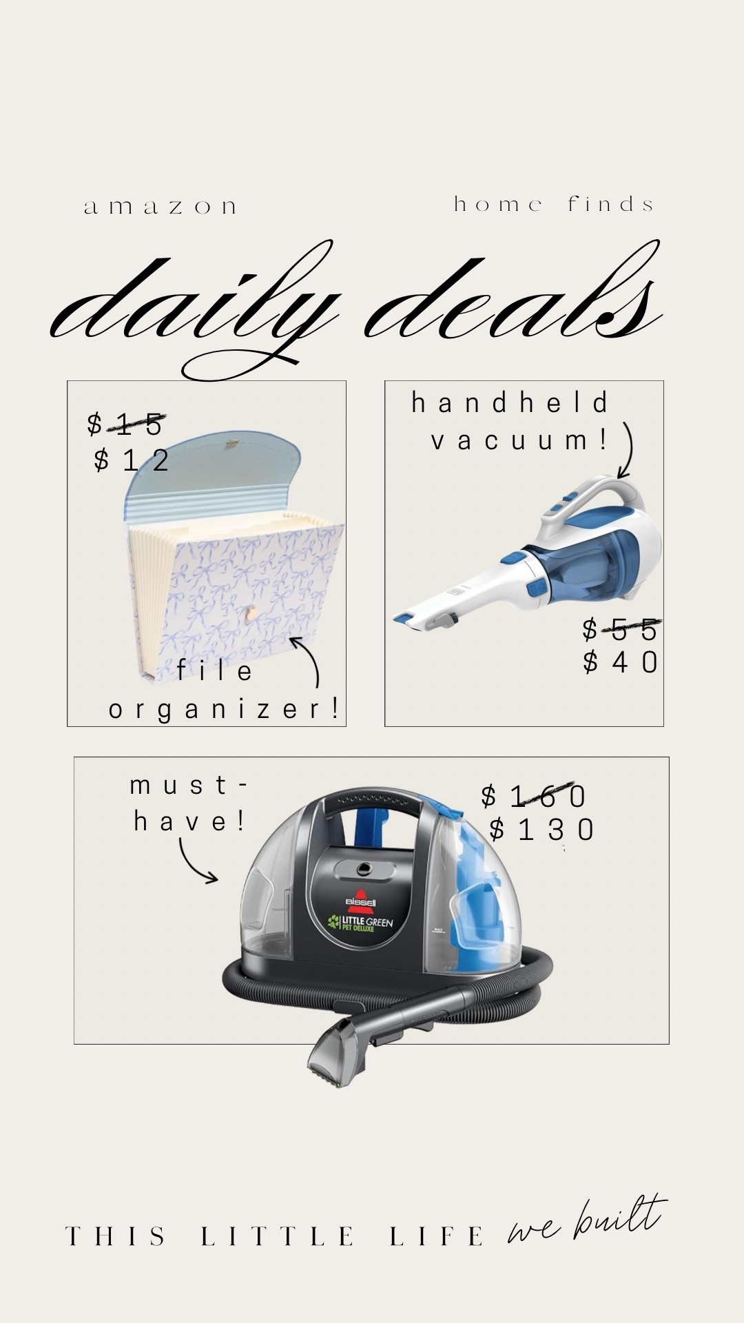 Amazon daily deals! 


Handheld vacuum, green machine, file organizer, home finds, home refresh, Amazon daily deals 

#LTKSaleAlert #LTKHome #LTKU